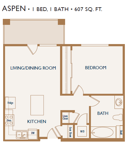 Floor plan for 1 bed, 1 bath, 607 sqft